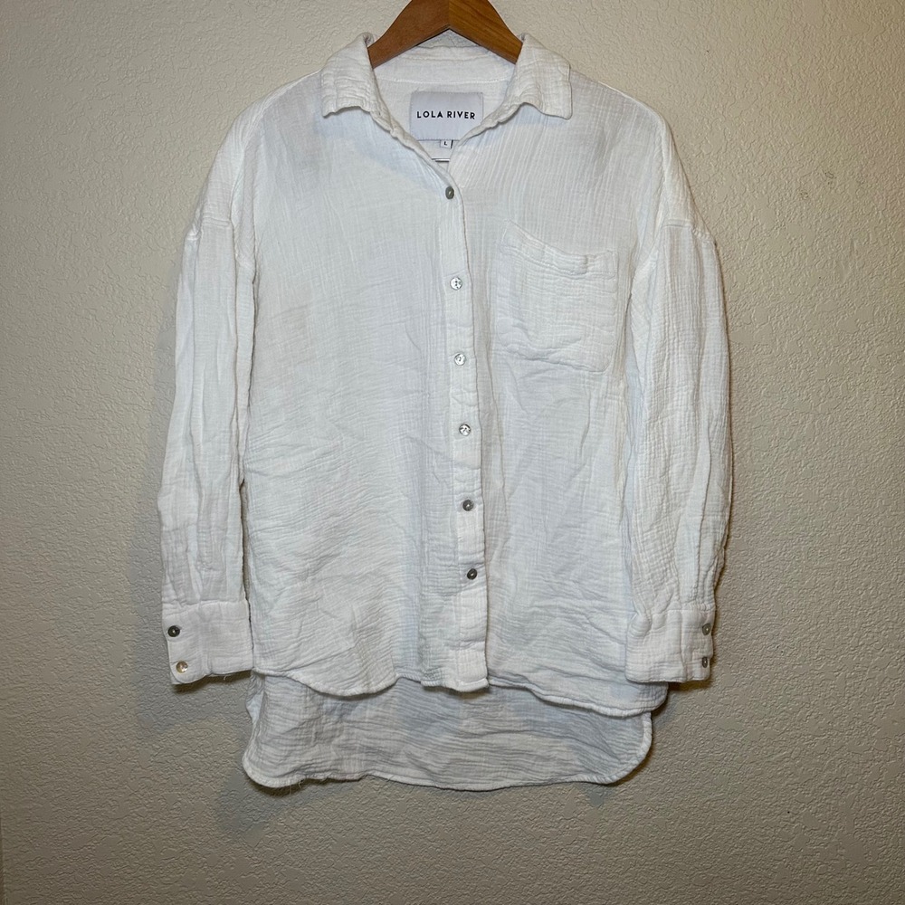 Lola River Womens L Top Long Sleeve Button Down White Gauze Beach Boho Light Air